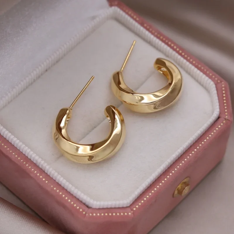 Korean new design fashion jewelry 18K gold plated simple metal C shape twisted earrings elegant women's day work accessories