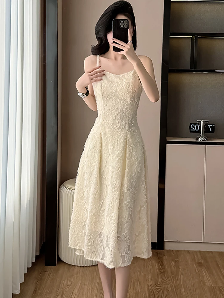 2025年夏ファッションレースジャカードシックなスリングセクシーロングドレス韓国エレガントラグジュアリーパーティーVestidos女性プリーツボディコンVestidos