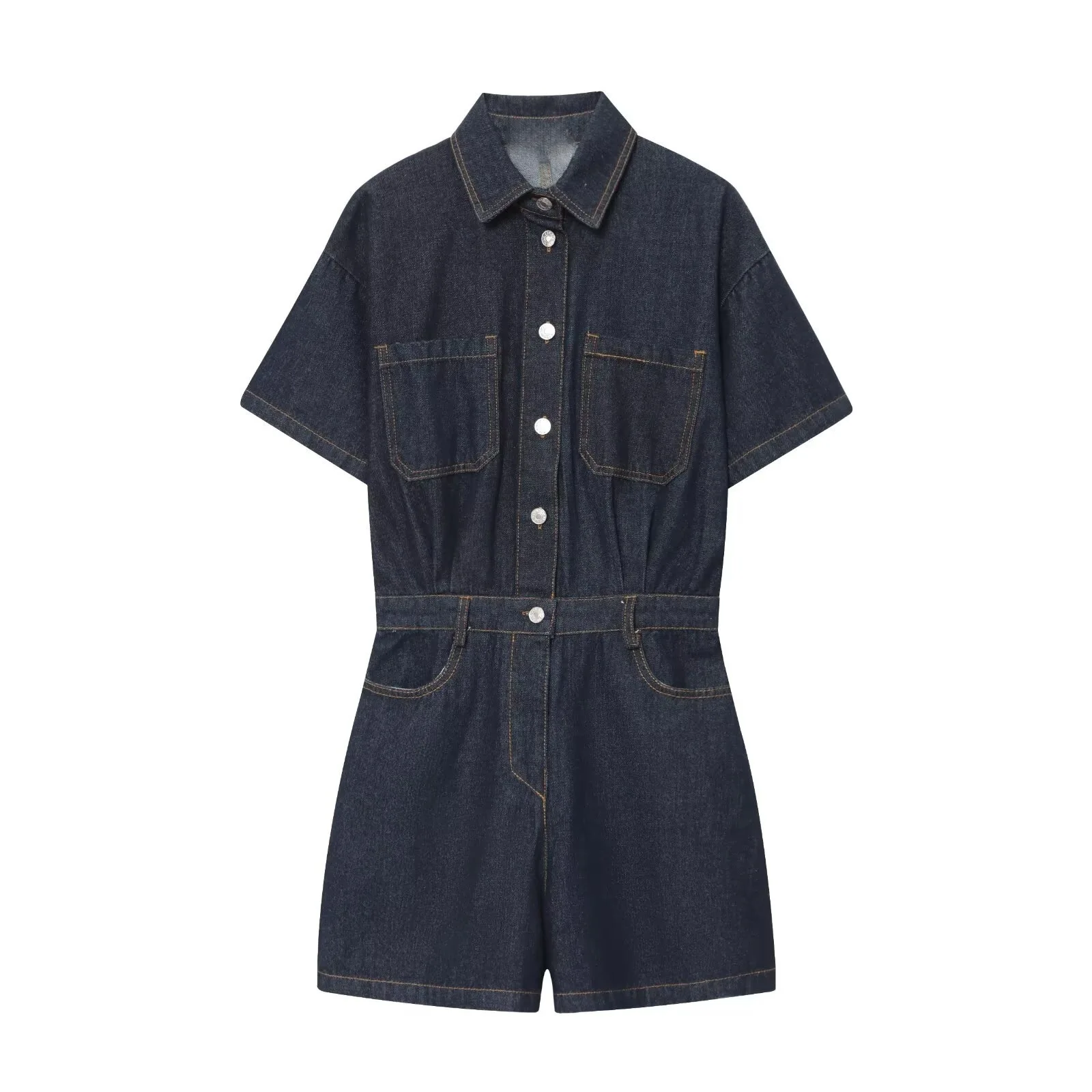 Withered 2026 Summer New European And American Style Fashionable Casual Slimming Denim Short Sleeved Jumpsuit Shorts