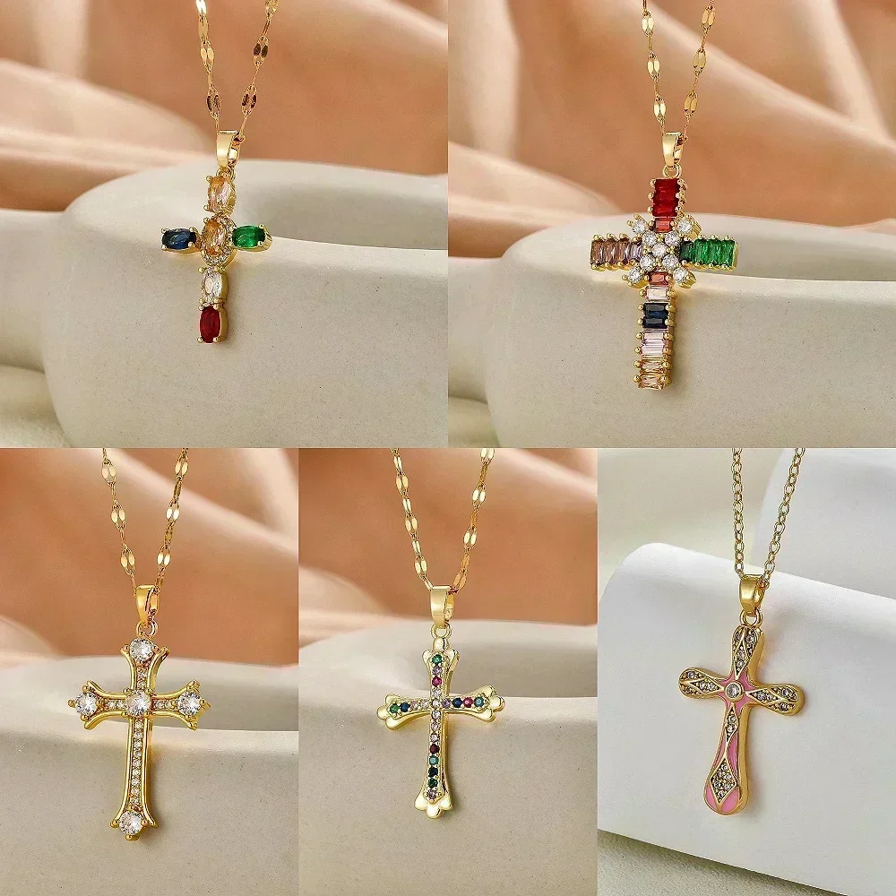 High-End European And American Fashion, Simple And Versatile Colorful Zircon Christmas Cross Series Necklaces For Men And Women