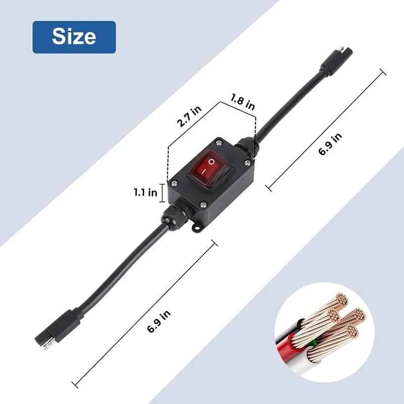 Wyłącznik zasilania 12V, wodoodporny złącze SAE IP65 ze wskaźnikiem LED, 14 kabel AWG do paneli słonecznych, kosiarka do trawy, ATV, RV trwałe