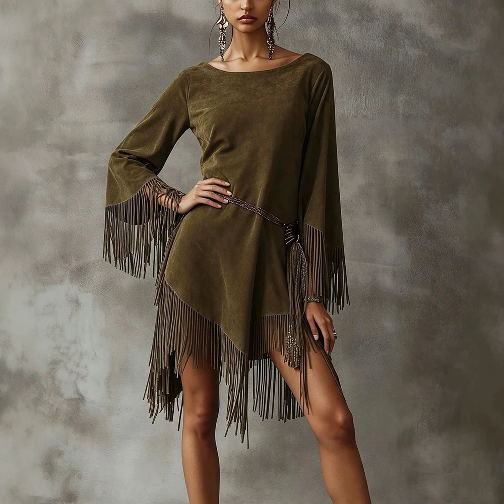 Women Faux Suede Fringe Mini Dress Crew Neck Long Sleeve Tassel Asymmetric Hem Beaded Belt Western Vintage Outfit Party Vestidos