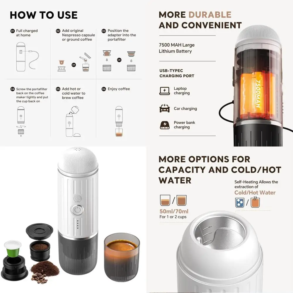 

Portable Electric Espresso Coffee Maker, Fast Self-Heating 2-in-1 Extraction System, Compatible with Ground Coffee and Nespresso