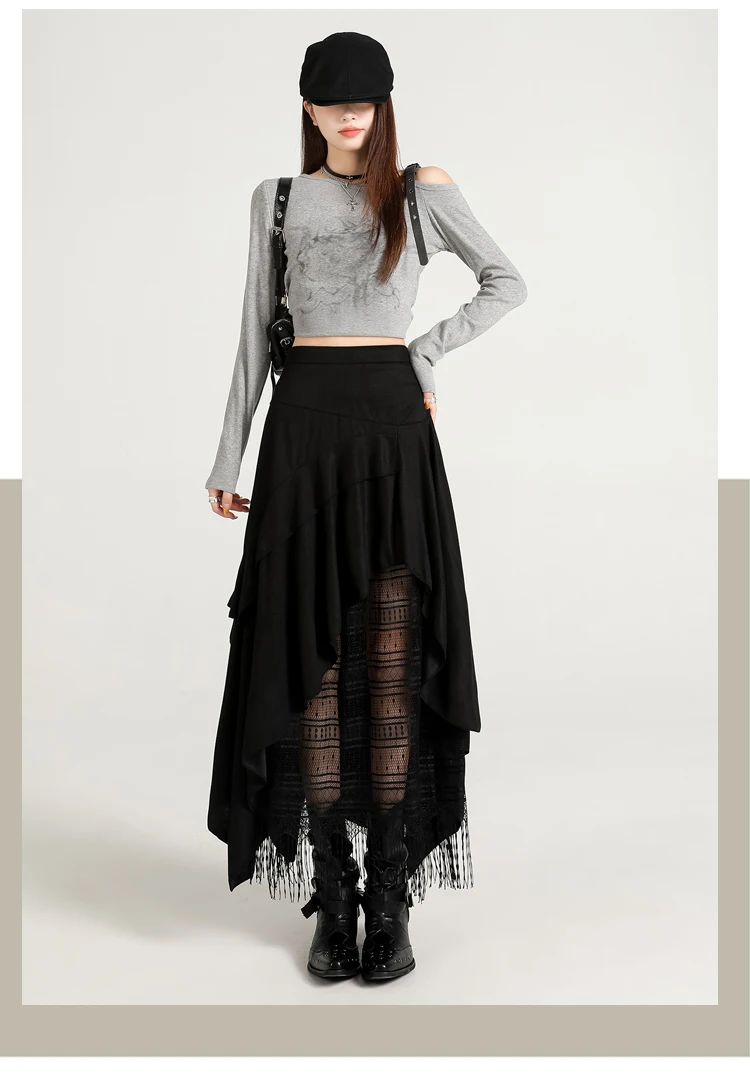 Y2K onregelmatige lange rok dames kant patchwork suède hoog getailleerde a-lijn rok herfst veelzijdig