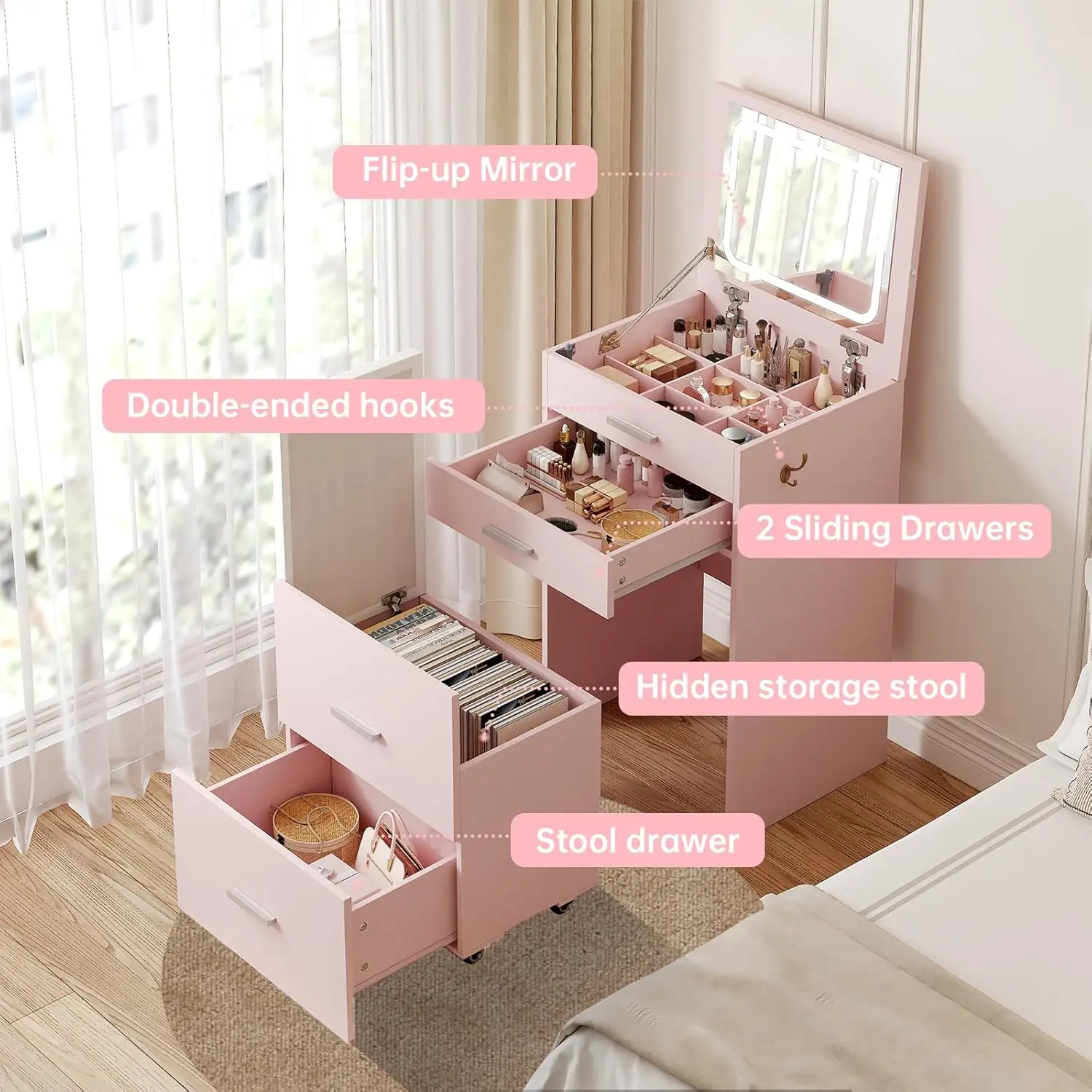 

Compact Vanity with 3 Drawers, 3 in 1 Vanity Desk, Makeup Desk with Flip-up 3 Colors Lighting Mirror and Cushioned Stool