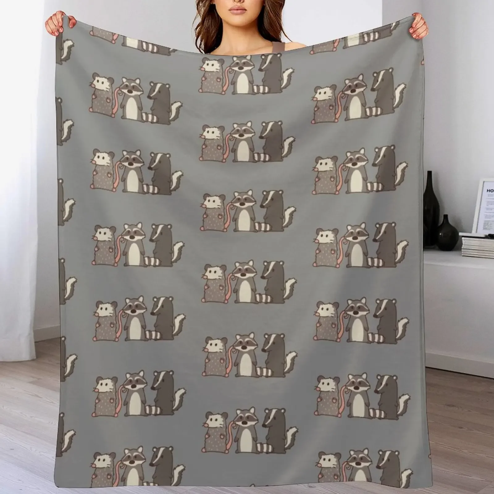 

raccoon, opossum & skunk woodland friends Throw Blanket sofa bed Flannel bed plaid Loose Blankets