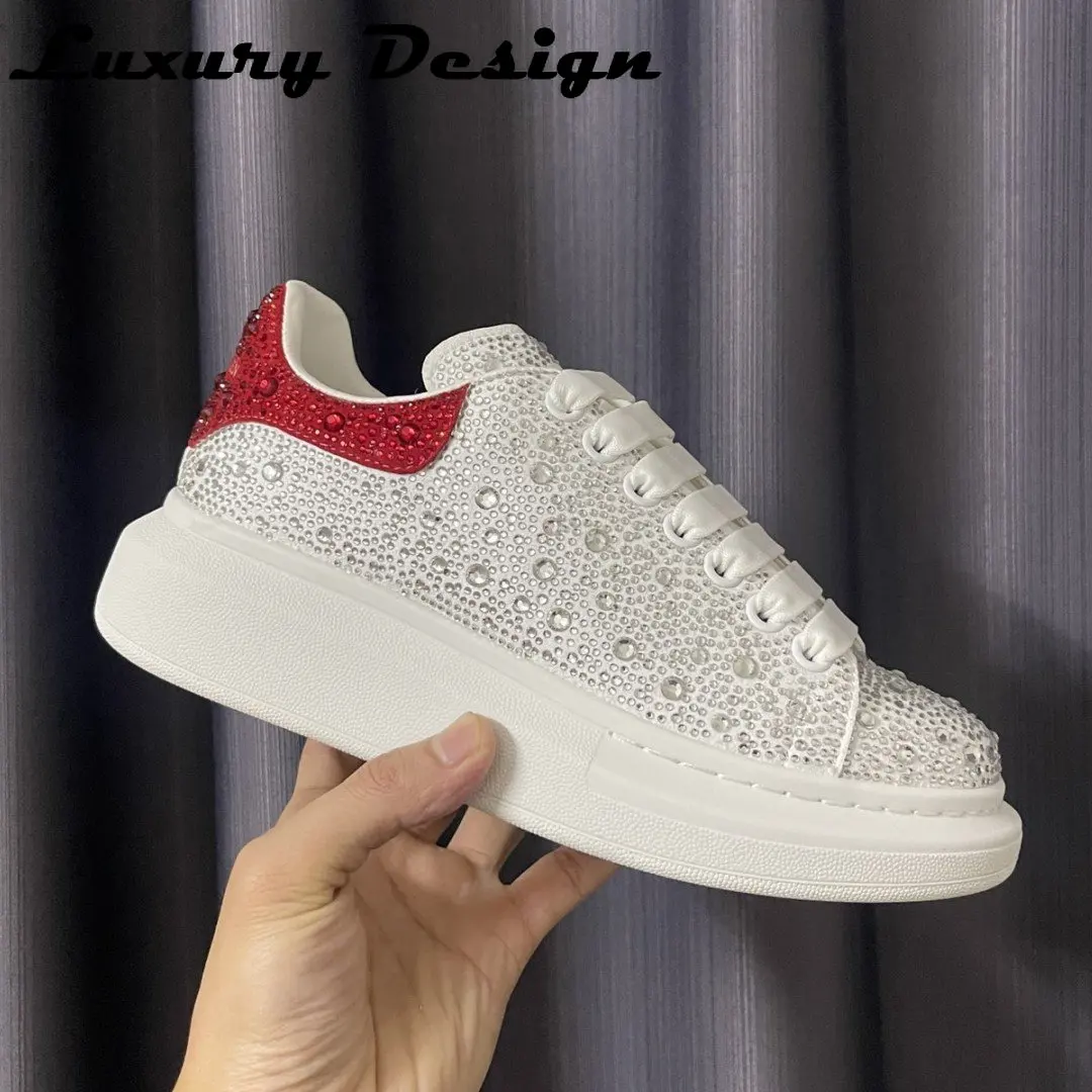 Luxury Rhinestone Sneakers Women Thick Sole Leisure Shoe Unisex Brand Trainer Man Mixed Colors Crystal Genuine Leather Designer