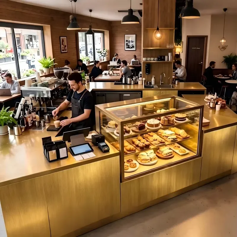 Glass Display Cabinet for Cafe Show Case Display Glass with Lights for Restaurant Counter