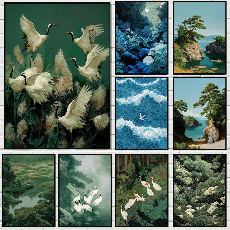 Japanese Green Forest White Cranes Poster Chinoiserie Bird Modern Prints Canvas Painting Wall Art Picture Home Living Room De