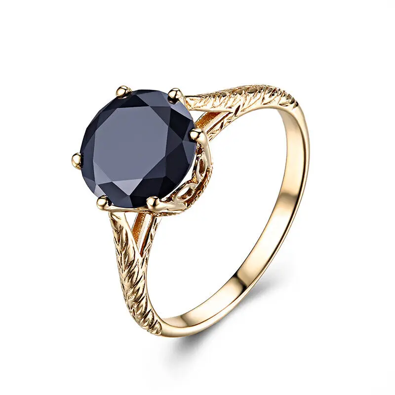 Shruno 8mm Round Black Spinel Gemstone Ring Solid 18K 14K 10K Yellow Gold Wedding Solitaire Ring  Antique Classic Jewelry