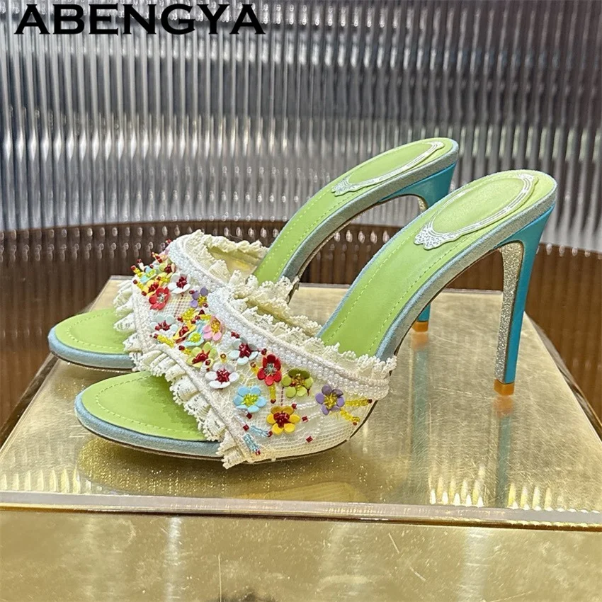 Ethnic Style Small Floral Square Chunky Heels Slippers Women Open Toe Slingback Bohemia Flower Fairy Summer Party Shoes Mujer