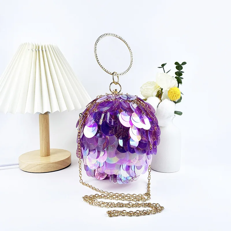 Luxury Round Ball Evening Bag Women's Fashion Metallic Sequin Round Handbag Ladies Dress Party Wedding Chain Clutch Bag Bolsa