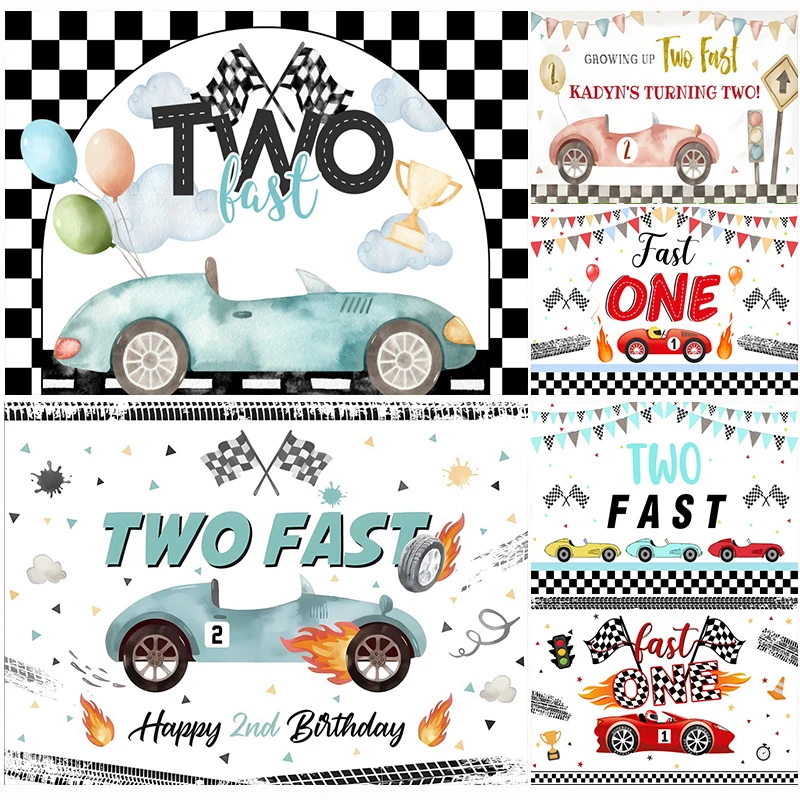 Red Racing Car Two Fast Backdrop Traffic Light Boy Girl Vintage Car Happy 2nd Birthday Party Decor Custom Photography Background