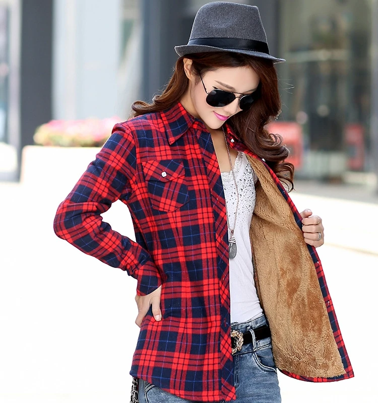 Women's Plaid Flannel Long Sve irt Fce Lined Slim Fit Button up Casual irt for Autumn Faion Ladies' Plaid irt