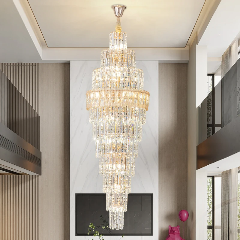 

Postmodern Light Luxury Crystal Chandelier Duplex Villa Hollow Living Room Large Chandelier Mezzanine Staircase Long Chandelier