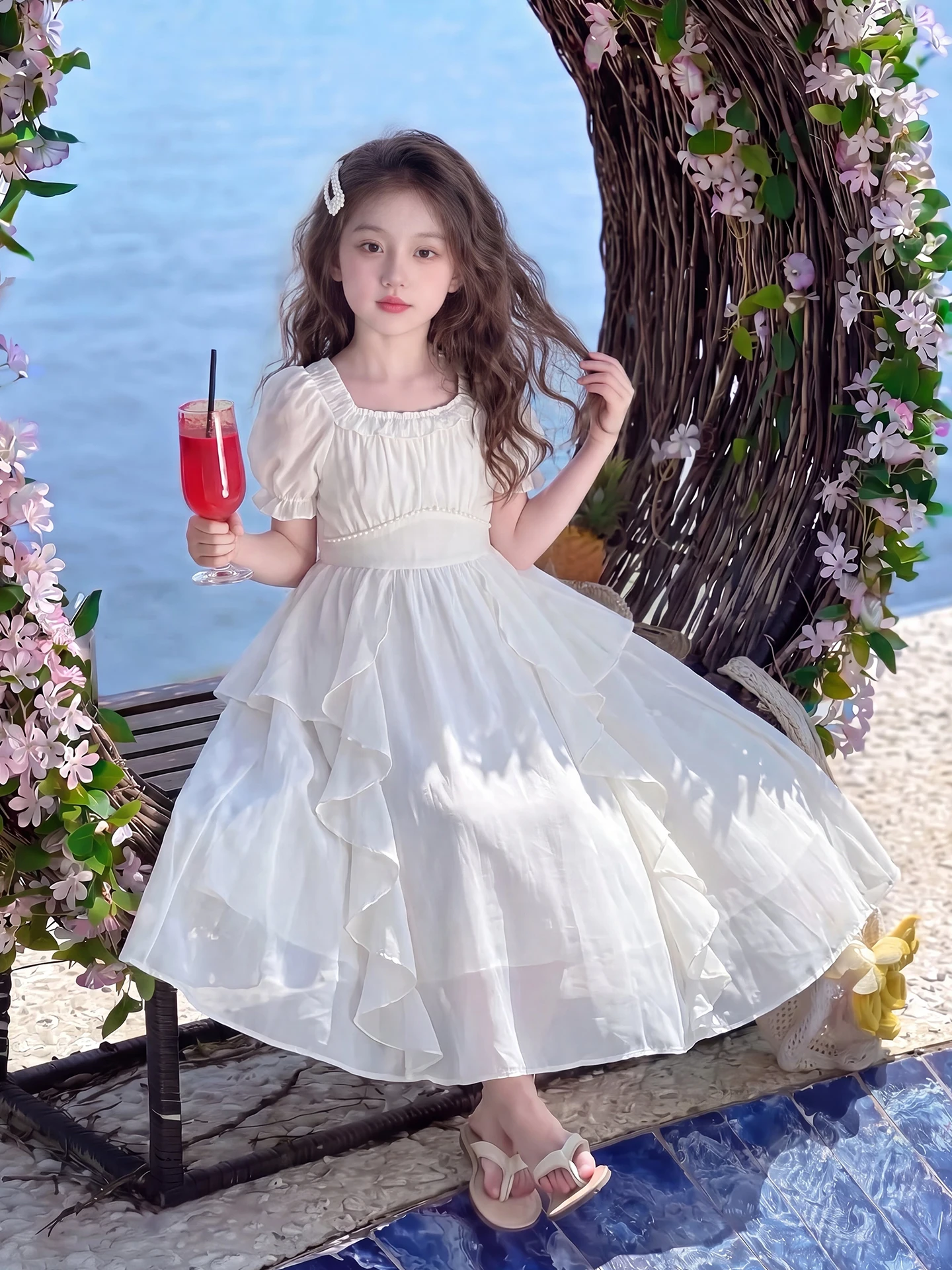princess-dress-for-girls-summer-fashionable-pure-color-pearl-girls-dress-children's-clothing-sweet-style-bubble-sleeve-short