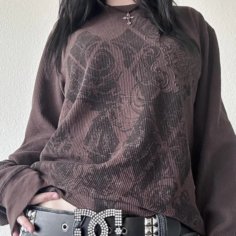 Maemukilabe Y2K Grunge Cyber Goth Loose T-shirt Aesthetic Graphic Print Baggy Top Vintage E-girl Long Sleeve Pullover Tees Women