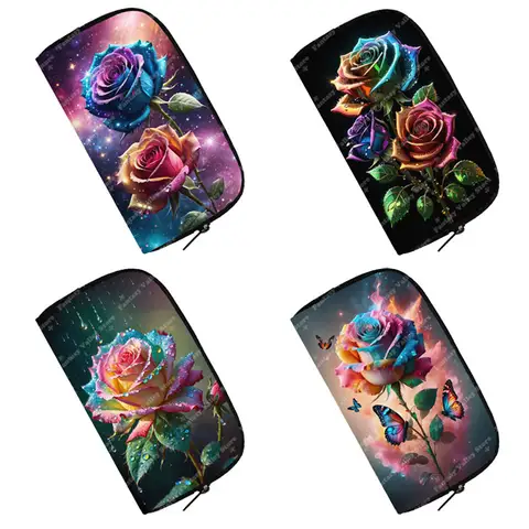 Watercolor Painting Rose Pattern Wallet Colorful Roses Purse Key Credit Card Earphone Holder Women Money Bag Long Wallets