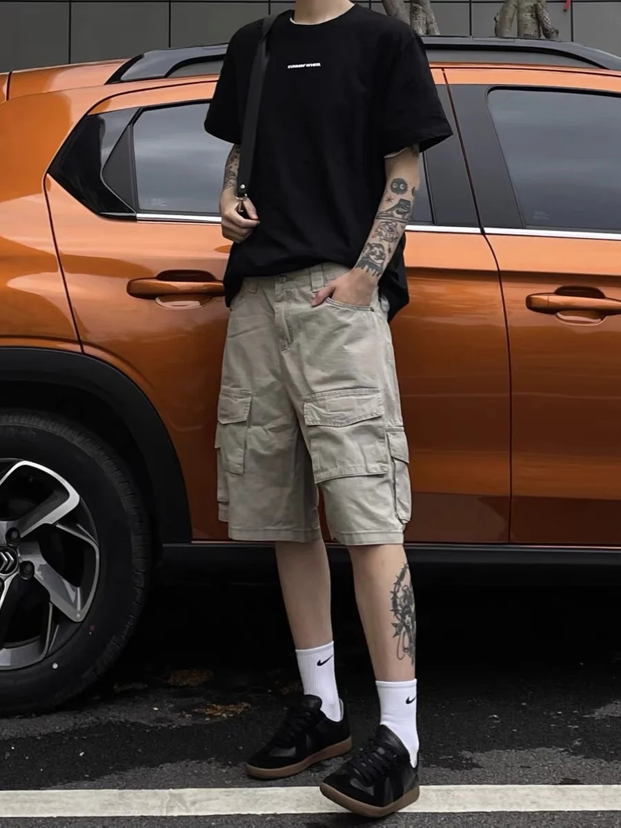 

Retro American Waed Denim orts Five-ket Straight Leg Workwear Blue Summer Casual Pants for Men And Women