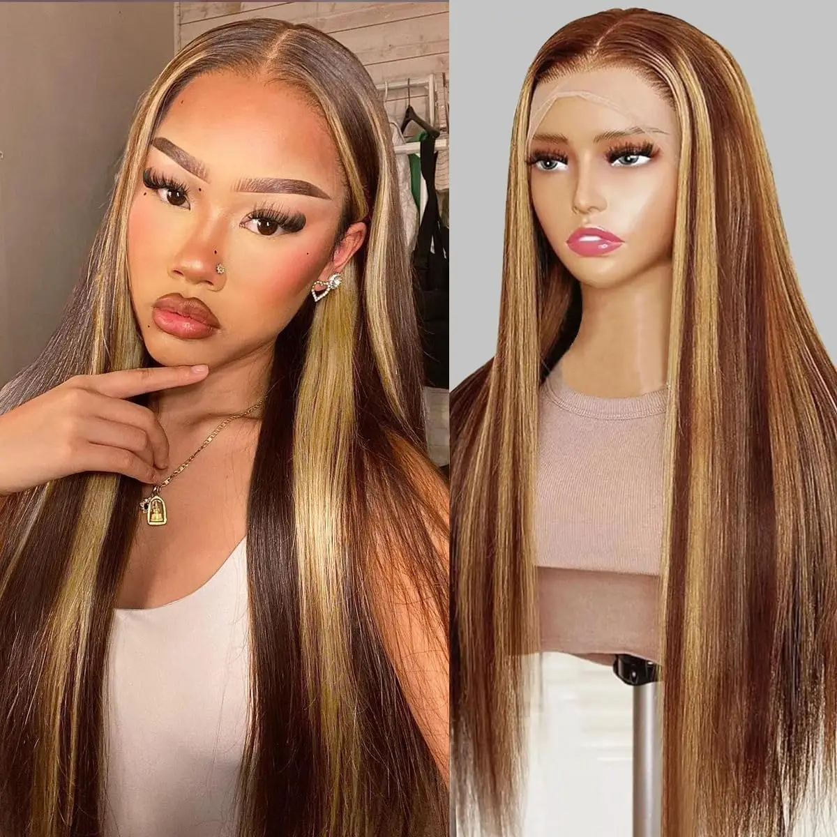 

32 Inch Highlight Ombre 13x4 HD Transparent Lace Front Wig Straight Honey Blonde Pre Plucked 200 Density 4/27 Colored Human Hair