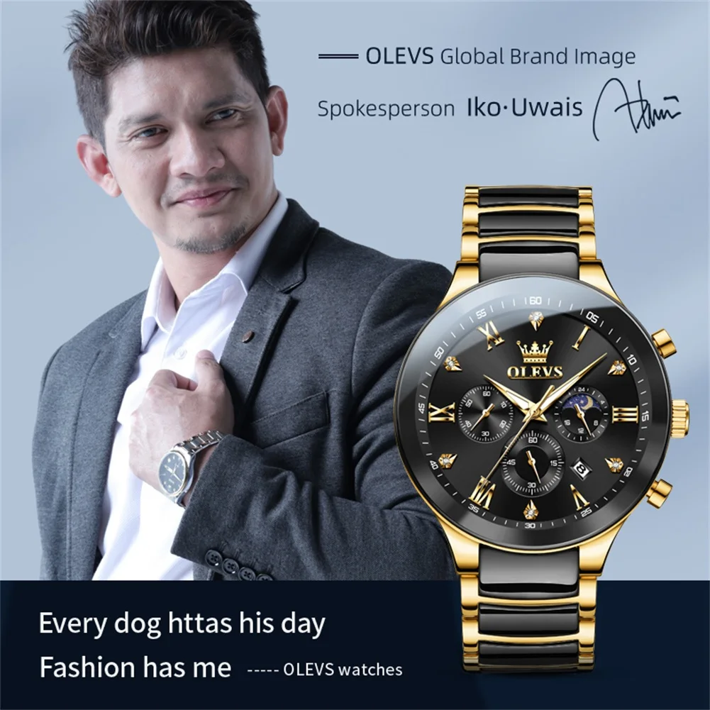 OLEVS Fashion Luxury Brand Men\'s Watches Moon Phase Quartz Watch Ceramic Watch Strap Chronograph Original Male Wristwatch New