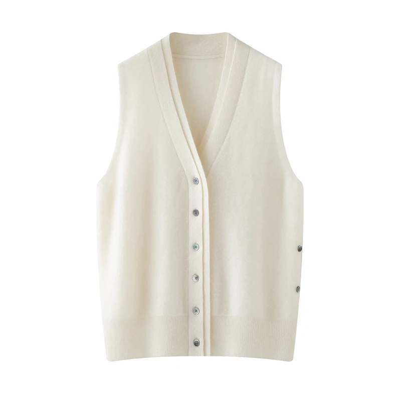 เสื้อกั๊กไหมแคชเมียร์ผู้หญิง ดีไซน์เก๋ 100% แคชเมียร์ ถักนิตติ้ง สำหรับฤดูใบไม้ร่วงและฤดูหนาว แบบไม่มีแขน คอวี เหมาะสำหรับสาวออฟฟิศ