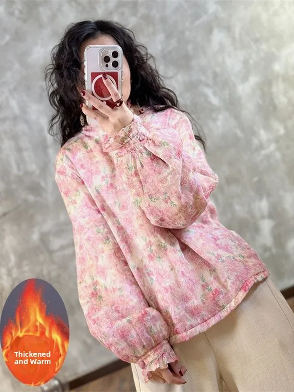 

Ele Sweet Lace Cotton Linen Women's Jaet Autumn 2025 Artistic Stand Collar Wooden Print Long Sve Thiened