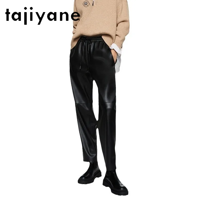TAJIYANE Women Genuine Leather Pants Ultra-Thin Vegetable-Tanned Sheepskin Pants of Women Elastic Waist Skinny Trousers Casual