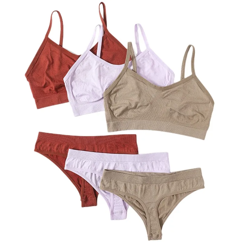 Conjunto de sujetador sin aros para mujer, lencería deportiva, Bralette, Top Sexy, Tanga, bragas de cintura baja, ropa interior sin costuras, ropa