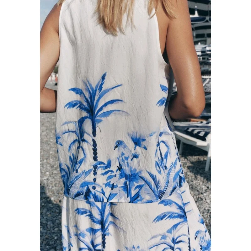 Conjunto de Saia Midi com Estampa Floral Tropical, Decote em V, Sem Mangas, Verão 2025, Conjunto de Moda, Calças Cridas, M...