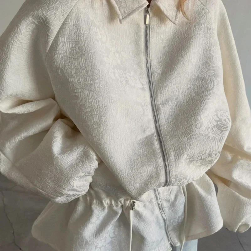 Apricot Jacquard Textured Jacket Women, Zip Up Lantern Sleeve Drawstring, Waist Slim Fit Vintage Palace, Style Casual Outerwear