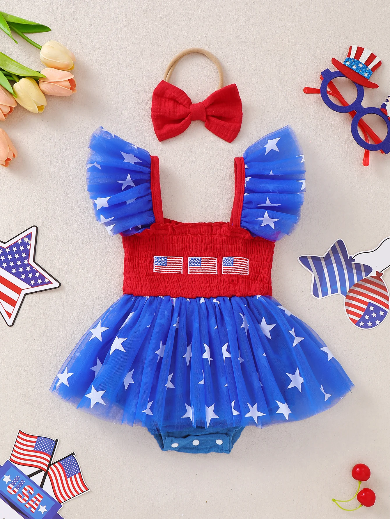 Baby Girl Summer Independence Day Pattern Off-Shoulder Tulle Dress Infant Clothing Ethnic Style Kids Fashion