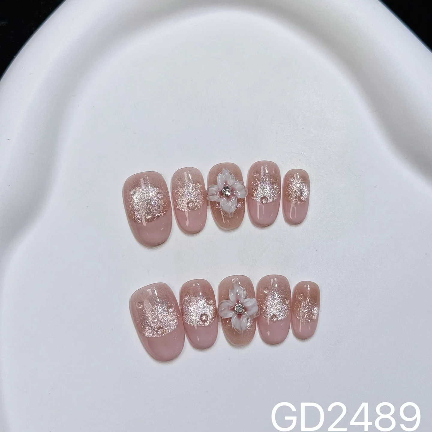 

Short Fake Nails Press On Oval Round Pink Nail Stickers Handmade French Cat Eye False Nail Tips 3D Flower Reusable Manicure Set