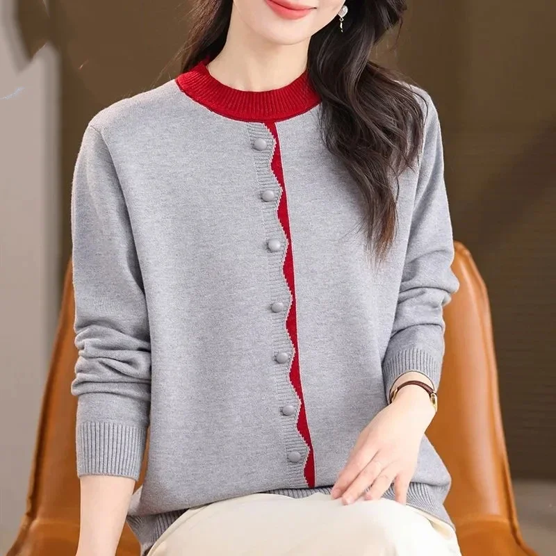 Women Color Block Trim Crew Neck Knit Sweater Long Sleeve Loose Plus Size Casual Outerwear Tops