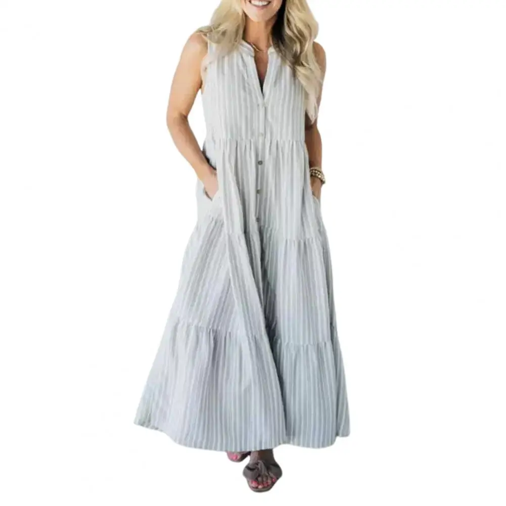 

Spliced Casual Dress Striped Print Sleeveless Maxi Dress with Side Pockets Pleated Patchwork Detail Women's A-line V Neck Summer