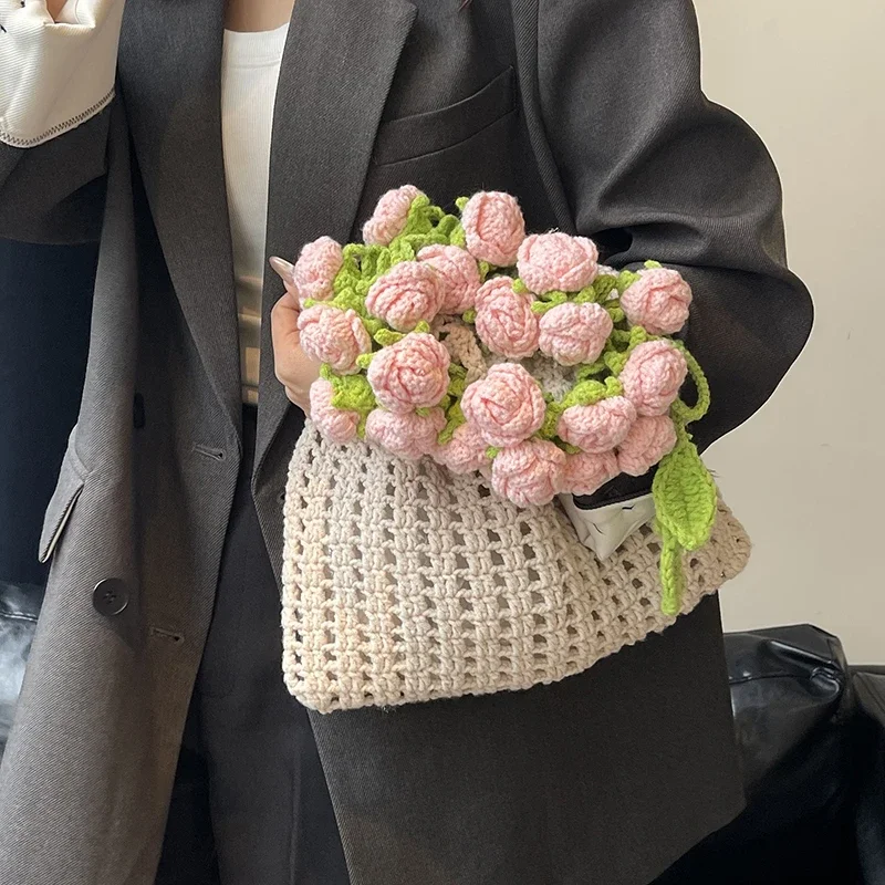 

Handmade Yarn Weaving Elegant Three-dimensional Rose Women's Tote Bag Fashionable, Unique, Sweet Crossbody Bag 2025 Summer New