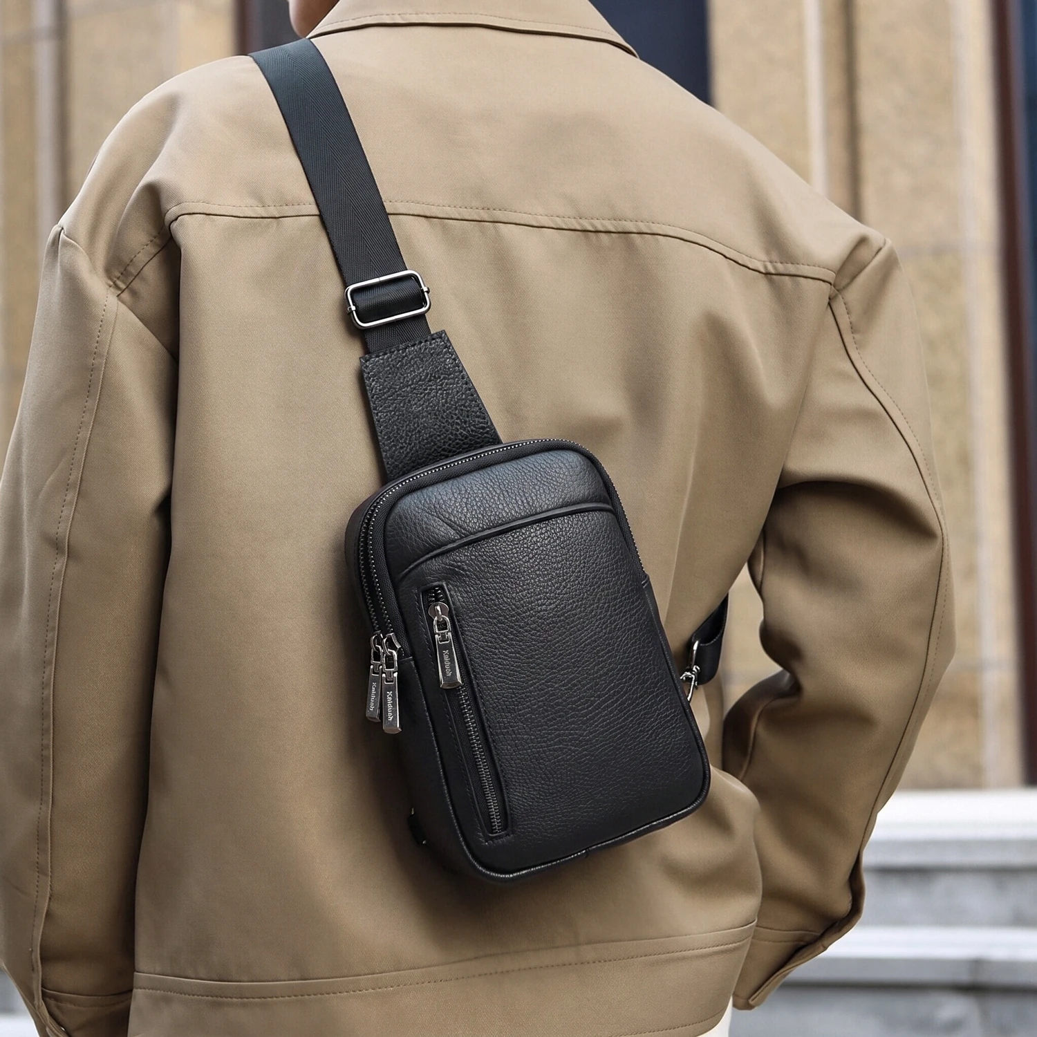 Men Genuine Leather Sling Chest Bag, Multi Zipper Pocket Small Crossbody Shoulder Bag, Portable Cell Phone Fanny Pack