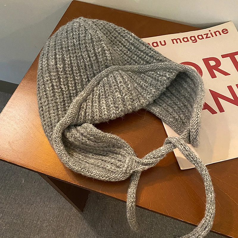 Chapéu de malha de proteção de orelha inverno quente à prova de frio boné voador cor sólida lã crochê gorro coreano feminino