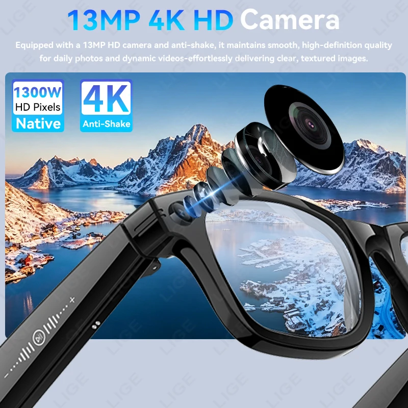 LIGE New 4K HD AI Camera Glasses 1300MP Photochromic Multifunctional Smart SunGlasses Bluetooth Call Photo Video AI Translation