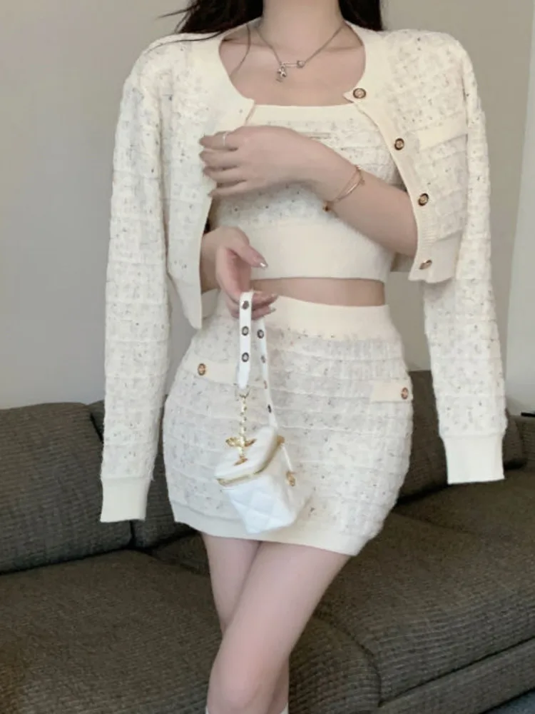 Sweet Three Piece Set Women Sweater Cardigan + Camisole + Skirt Sets Fashion Knit 3pcs Suits Ensemble Femme Conjuntos Feminino