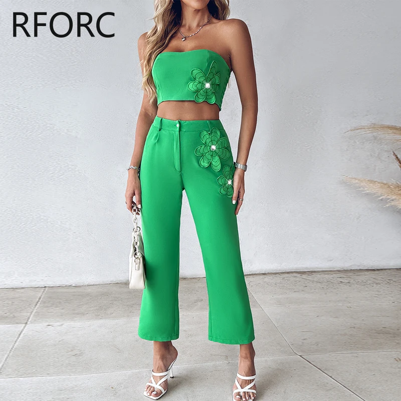 2024 Women Chic Strapless Top & Straight Leg Pants Three Dimensional Floral Two Pieces Working Sexy Pants Sets