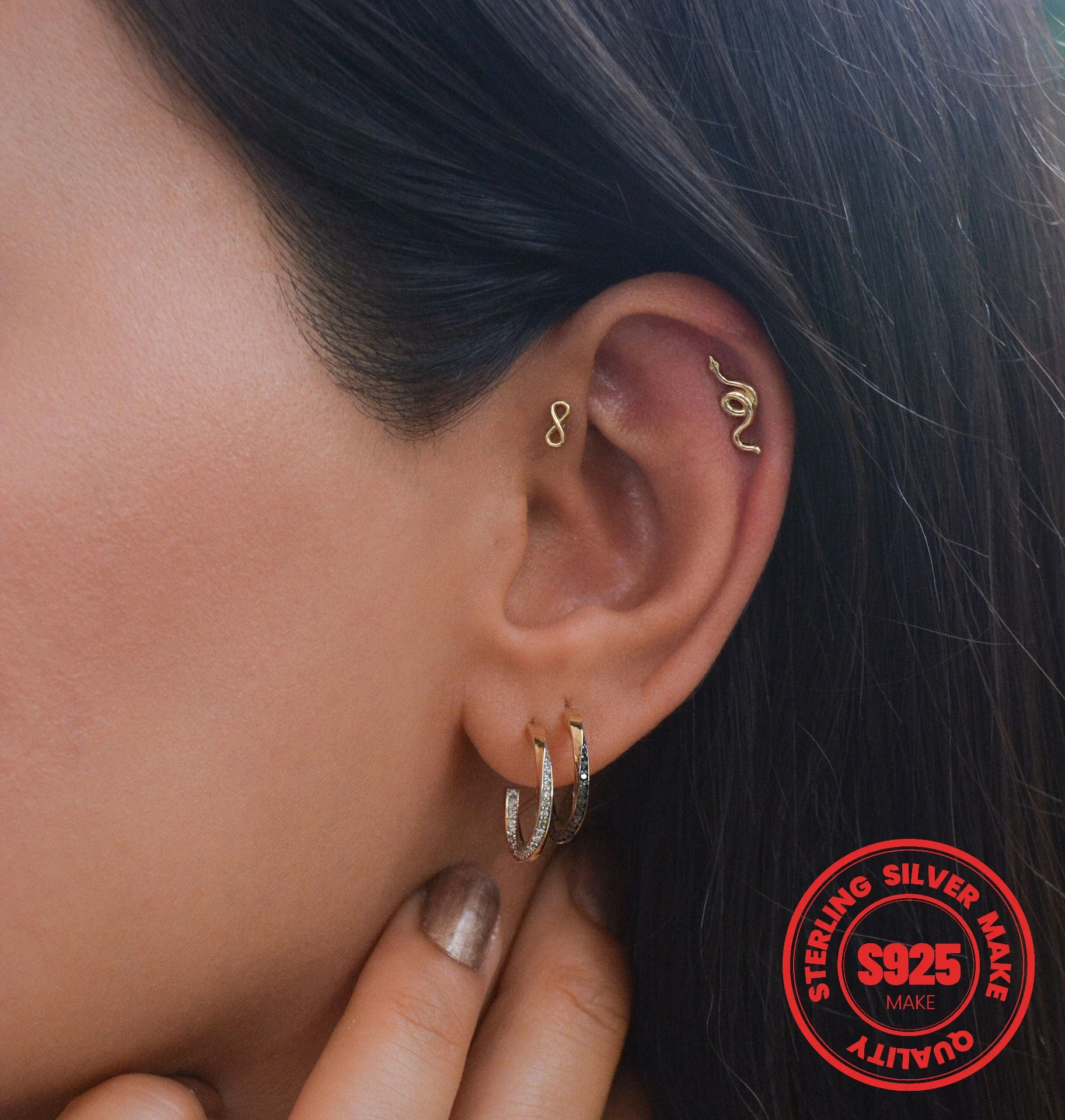 

2024 New S925 Sterling Silver European American Women Snake Ear Cartilage Earring Bone Nail Studs Piercing for Ears Y2K Jewelry