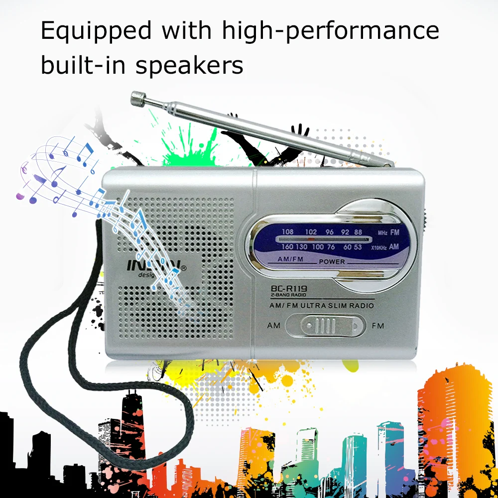 BC-R119 AM/FM Dual Band Mini Radio Receiver Portable Player Built in Speaker with A Standard 3.5MM Headphones Jack Silver Grey