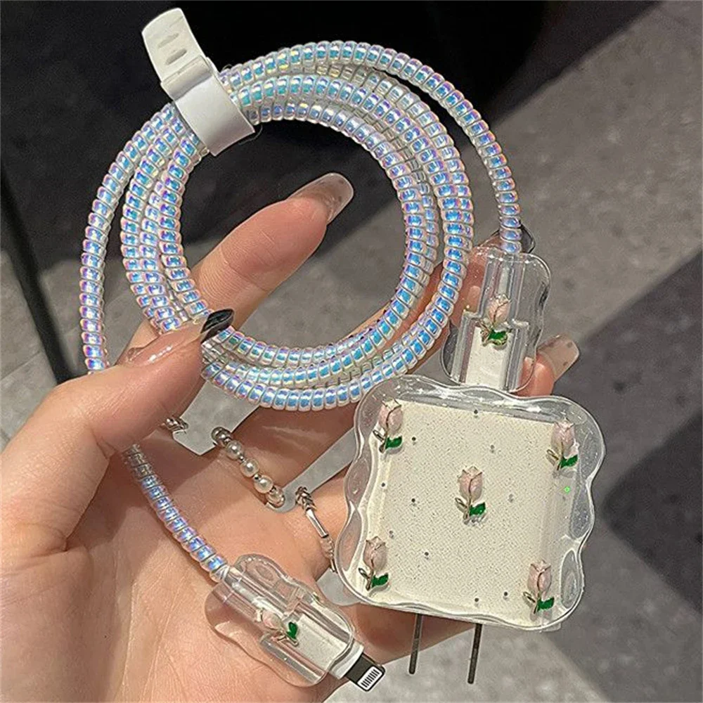 Cute 3D Metal Tulip Glitter USB Cable Protector Cover for IPhone 15 14 13 18W-20W Data Line Bite Head Cord Fast Charging Case