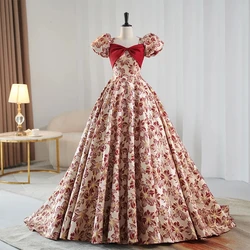 Customized Evening Dress Red Embroidery Satin Floor Length Short Sleeves Square Collar Lace Up Plus Size Women Party Dresses