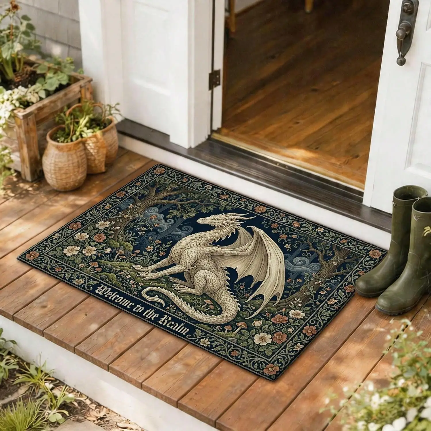 Welcome Door, Fantasy Fanciful Tree Flowers None Dark Blue Non-Slip Trapper Under Doormat Rug Outdoor Decor Front Door Entryway Patio 29x17 Inchflannel Carpet