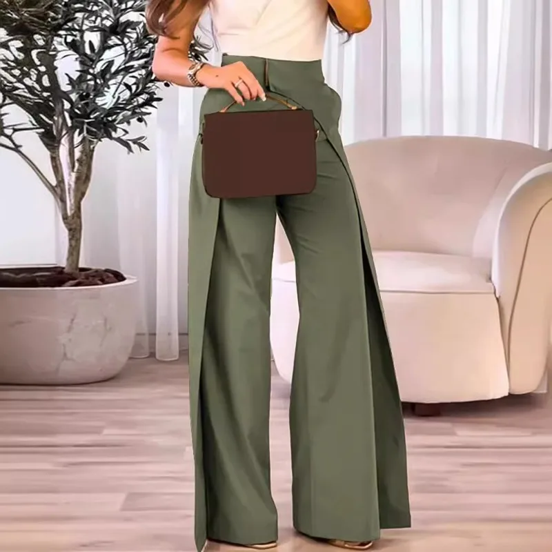 Spring Summer New Women\'s Clothing Solid Color Fashion Staggered Design Casual Wide Leg Pants Loose Trouses