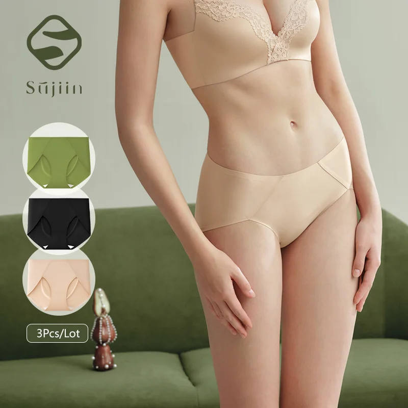 SUJIIN 3Pcs/Lot  Seamless No Show Mid Waist Panties for Women Simple Breathable Moisture-wicking Panty Woman Underwear N194