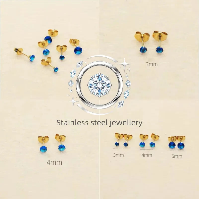 Stainless Steel Royal Blue AAA Zircon Stud Earrings 3mm 4mm 5mm Unisex Brief Style No Fade Hypoallergenic Jewelry