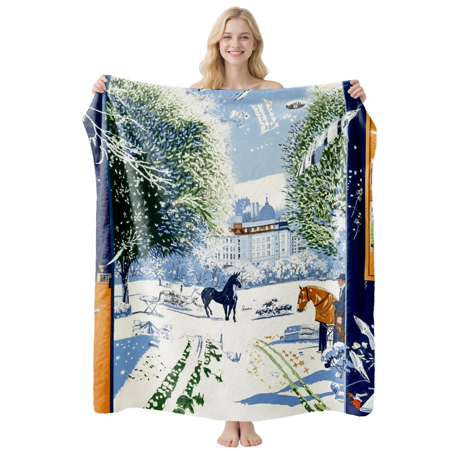 Throw Blanket Vintage Winter Snow Town Horse Carriage Print Cozy Bed Couch Blankets Christmas Holiday Decor Gift Blanket